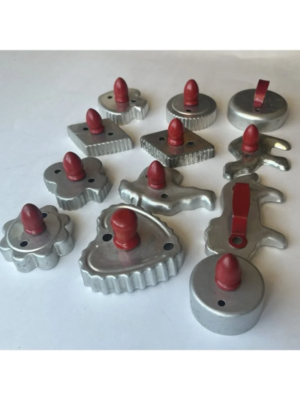 Vintage 12 Aluminum Cookie Cutters Red Handle Knobs Baking Retro Kitchen Decor